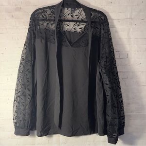 Plus Contrast Mesh Tie Neck Blouse